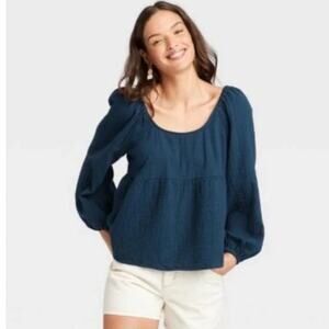 Universal Thread | Long Balloon Sleeve Peplum Top Blouse Round Neck Blue Medium